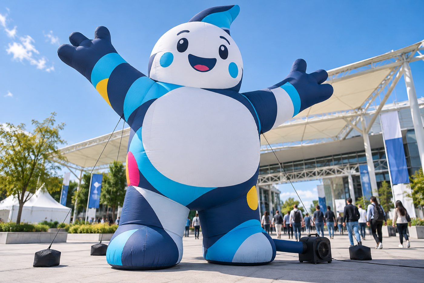 Inflable publicitario con forma de mascota en la entrada de un evento, con soplador eléctrico en la base